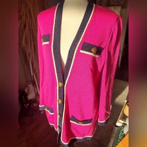 St. John Pink Cardigan with Gold Button and Navy Trim
